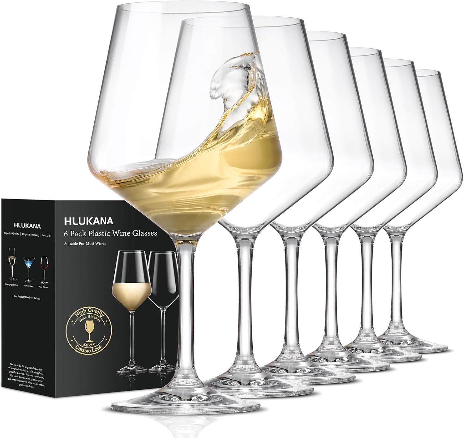 Hlukana Unbreakable Wine Glasses Set - 6-piece set of 16oz plastic wine glasses with elegant stems