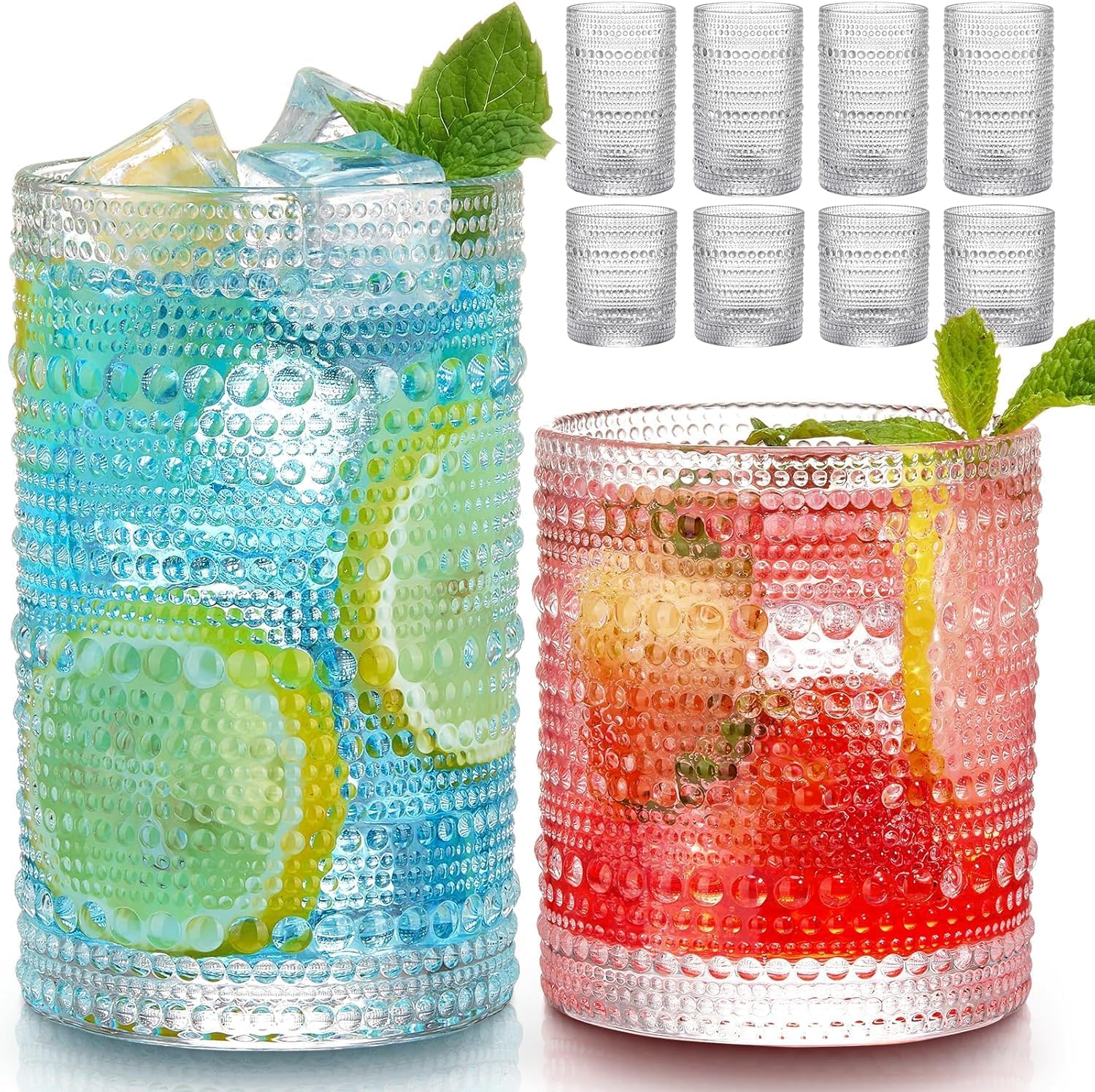 Vintage Hobnail Drinking Glasses Set - 8-piece set with 4 water glasses and 4 cocktail glasses