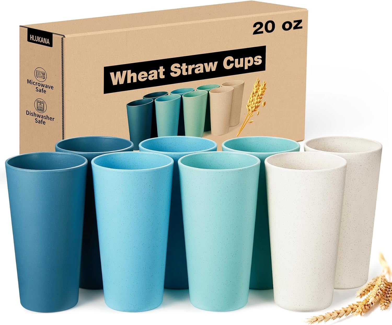 Wheat Straw Cups Set of 8 - 20oz unbreakable drinking cups, chip resistant, BPA free, dishwasher and microwave safe