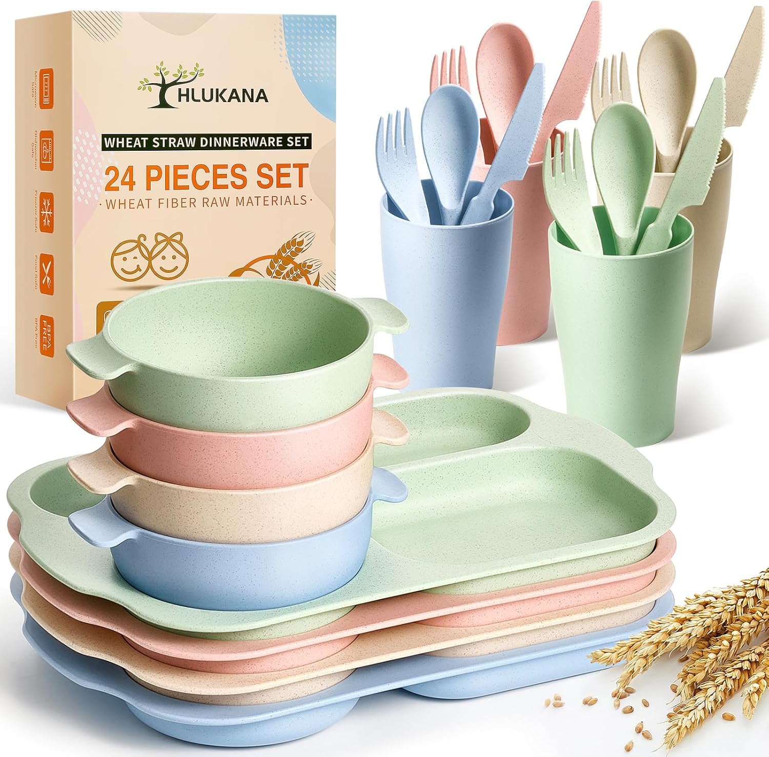 Wheat Straw Dinnerware Cutlery Set - 24-piece unbreakable tableware set with plates, bowls, cups and cutlery